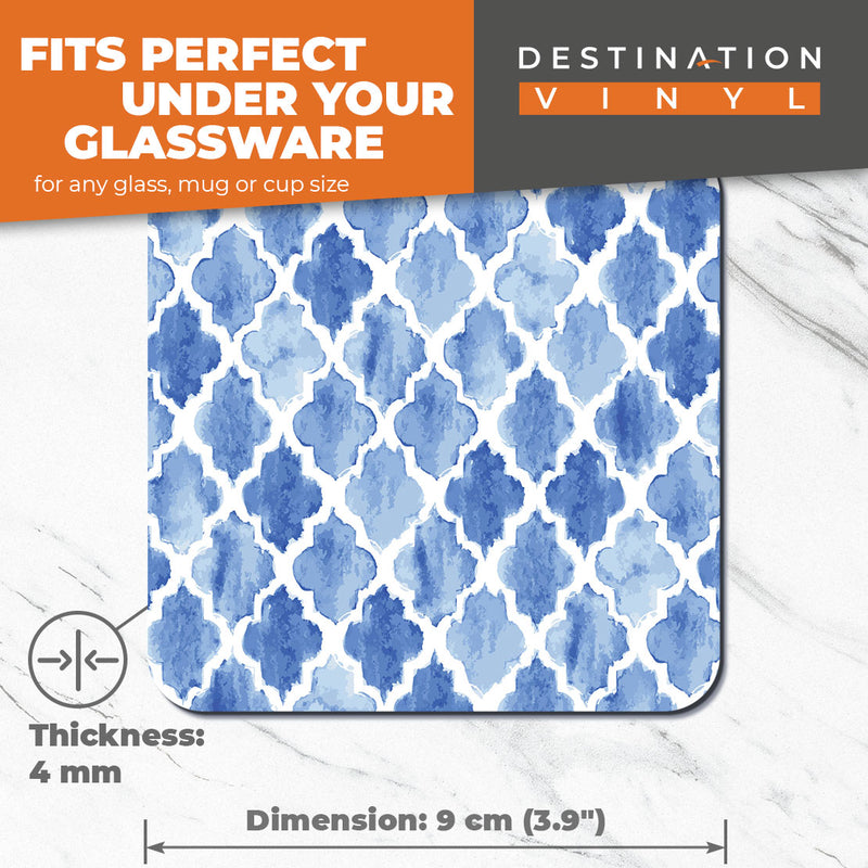 Great Coasters (Set of 2) Square / Glossy Quality Coasters / Tabletop Protection for Any Table Type - Blue Greek Pattern Watercolour