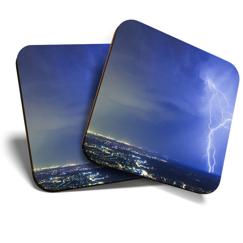 Great Coasters (Set of 2) Square / Glossy Quality Coasters / Tabletop Protection for Any Table Type - Amazing Lightening Strike Weather