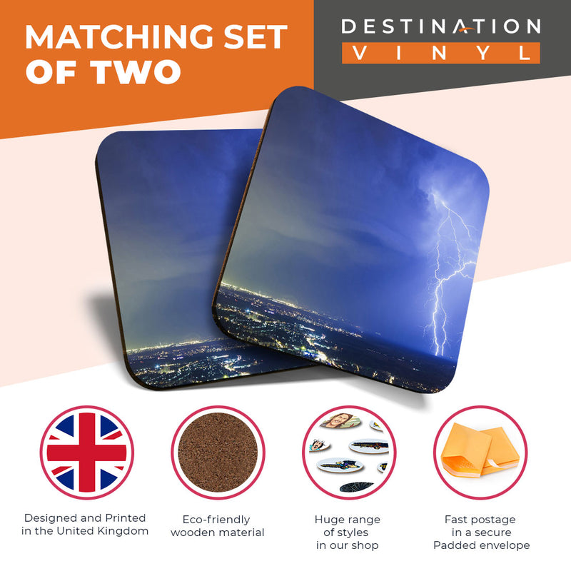 Great Coasters (Set of 2) Square / Glossy Quality Coasters / Tabletop Protection for Any Table Type - Amazing Lightening Strike Weather