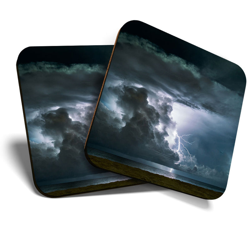 Great Coasters (Set of 2) Square / Glossy Quality Coasters / Tabletop Protection for Any Table Type - Wild Weather Lightening Storm