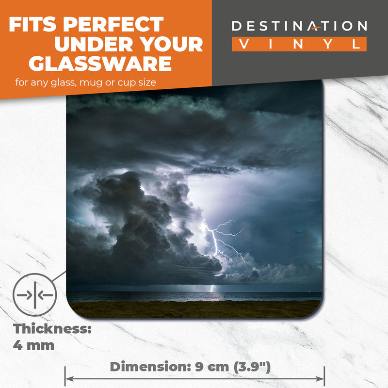 Great Coasters (Set of 2) Square / Glossy Quality Coasters / Tabletop Protection for Any Table Type - Wild Weather Lightening Storm