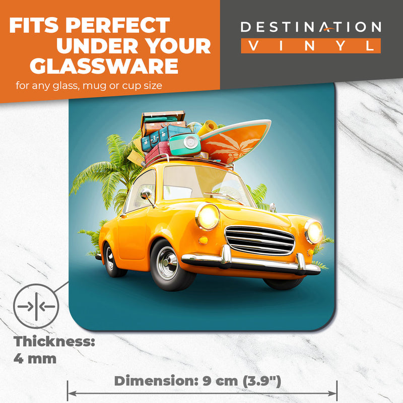 Great Coasters (Set of 2) Square / Glossy Quality Coasters / Tabletop Protection for Any Table Type - Surf Car Bus Holiday Beach Travel
