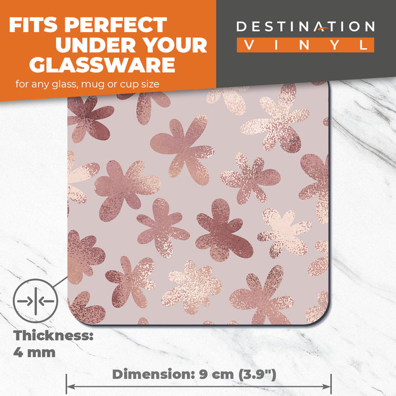 Great Coasters (Set of 2) Square / Glossy Quality Coasters / Tabletop Protection for Any Table Type - Rose Gold Floral Pattern Fun