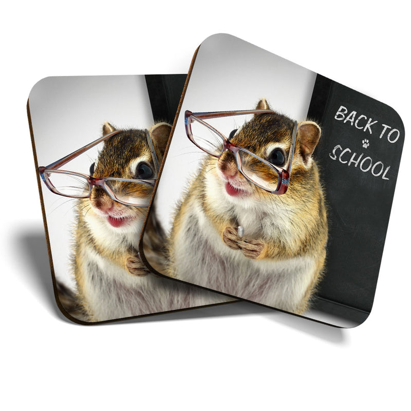 Great Coasters (Set of 2) Square / Glossy Quality Coasters / Tabletop Protection for Any Table Type - Chipmunk Teacher Back to School