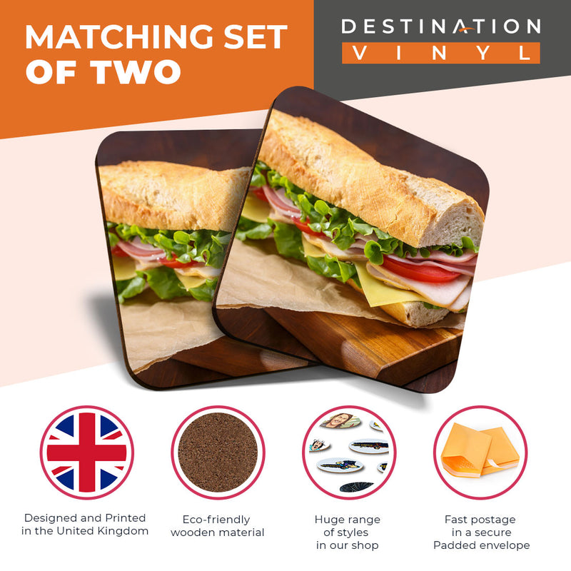 Great Coasters (Set of 2) Square / Glossy Quality Coasters / Tabletop Protection for Any Table Type - Sandwich Restaurant Cafe Shop