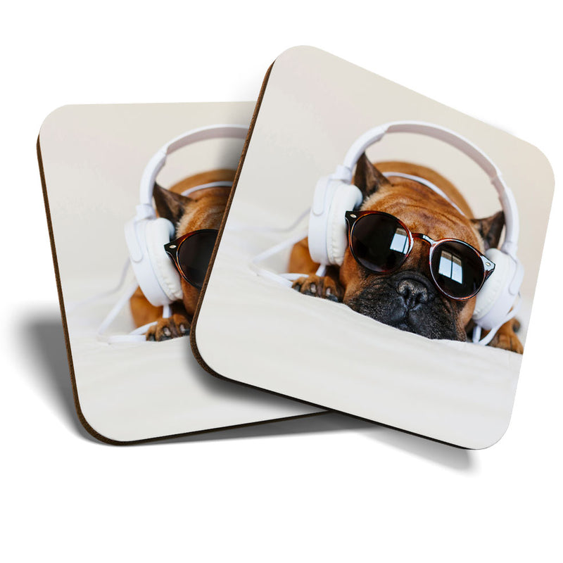 Great Coasters (Set of 2) Square / Glossy Quality Coasters / Tabletop Protection for Any Table Type - Funny DJ Puppy Dog Headphones