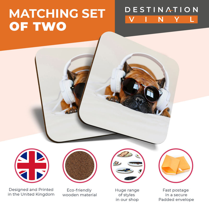 Great Coasters (Set of 2) Square / Glossy Quality Coasters / Tabletop Protection for Any Table Type - Funny DJ Puppy Dog Headphones