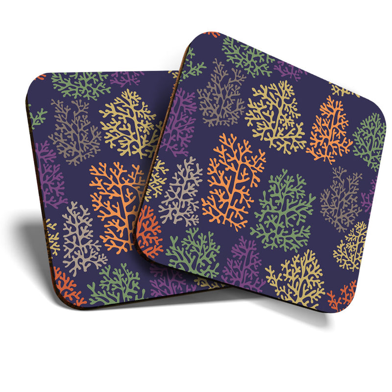 Great Coasters (Set of 2) Square / Glossy Quality Coasters / Tabletop Protection for Any Table Type - Funky Coral Ocean Sea Cool