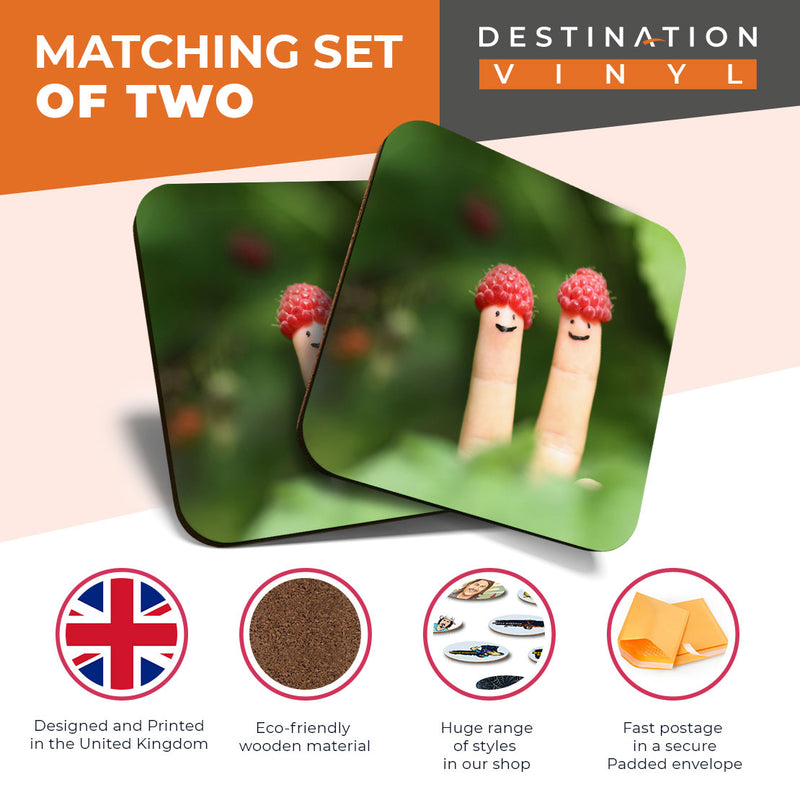 Great Coasters (Set of 2) Square / Glossy Quality Coasters / Tabletop Protection for Any Table Type - Funny Finger People Bobble Hats