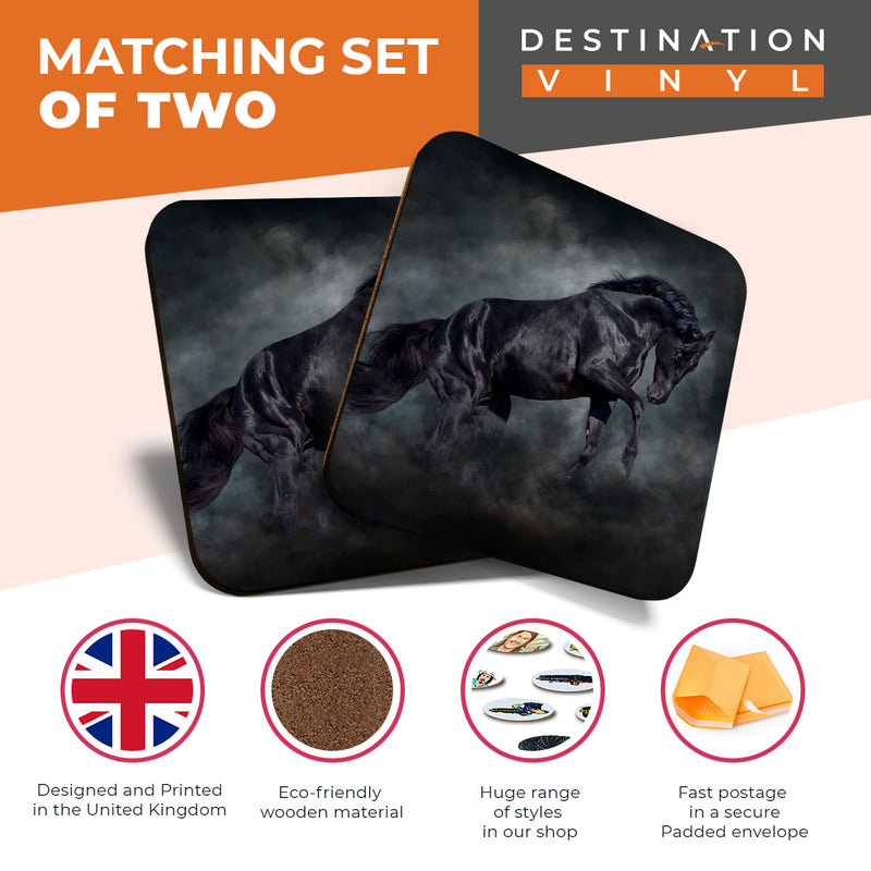 Great Coasters (Set of 2) Square / Glossy Quality Coasters / Tabletop Protection for Any Table Type - Black Stallion Portrait Horse