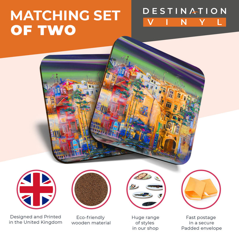 Great Coasters (Set of 2) Square / Glossy Quality Coasters / Tabletop Protection for Any Table Type - Abstract Painting Houses Town