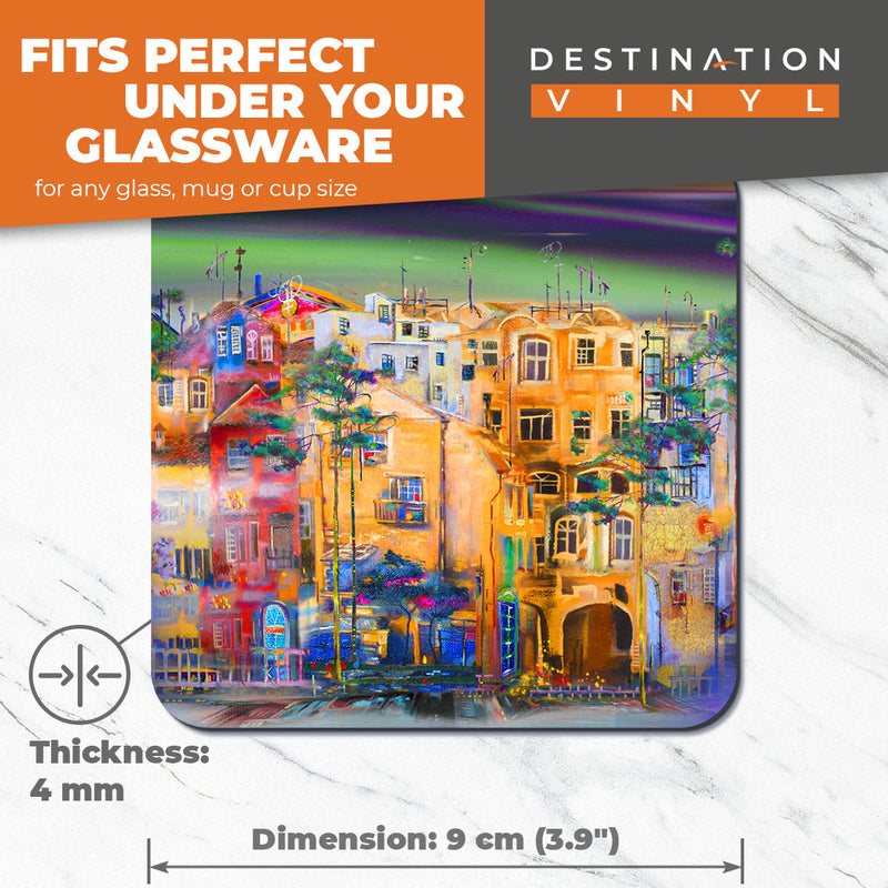 Great Coasters (Set of 2) Square / Glossy Quality Coasters / Tabletop Protection for Any Table Type - Abstract Painting Houses Town