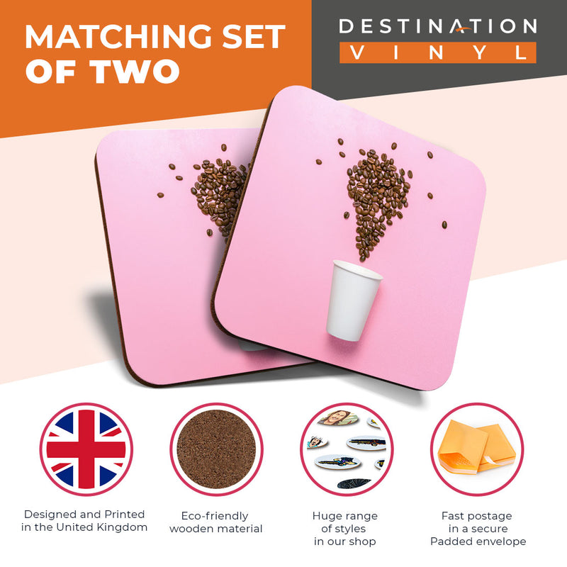 Great Coasters (Set of 2) Square / Glossy Quality Coasters / Tabletop Protection for Any Table Type - Coffee Cup Beans Cafe Shop Pink