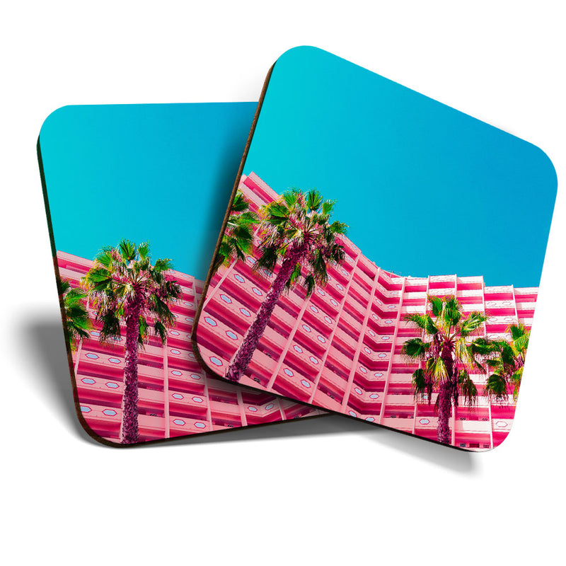 Great Coasters (Set of 2) Square / Glossy Quality Coasters / Tabletop Protection for Any Table Type - Art Deco Pink Hotel Architecture