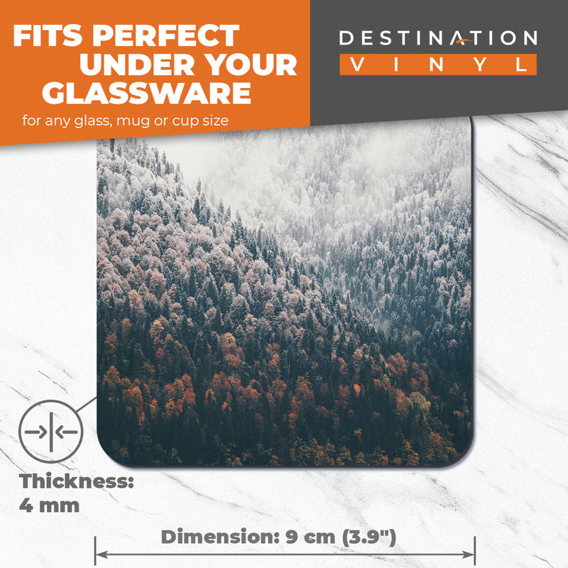 Great Coasters (Set of 2) Square / Glossy Quality Coasters / Tabletop Protection for Any Table Type - Misty Snowy Forest Landscape