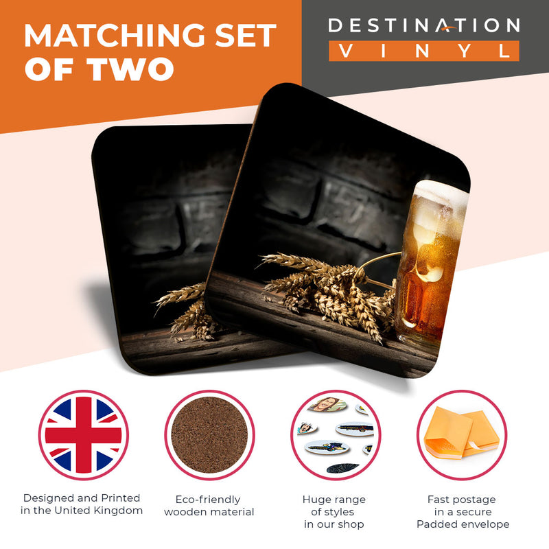Great Coasters (Set of 2) Square / Glossy Quality Coasters / Tabletop Protection for Any Table Type - Beer Pint Brewery Pub Drink