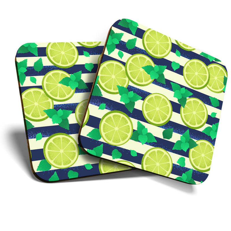 Great Coasters (Set of 2) Square / Glossy Quality Coasters / Tabletop Protection for Any Table Type - Sliced Lime Fruits Healthy Eating