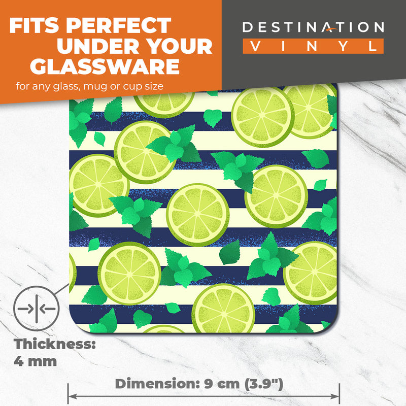 Great Coasters (Set of 2) Square / Glossy Quality Coasters / Tabletop Protection for Any Table Type - Sliced Lime Fruits Healthy Eating