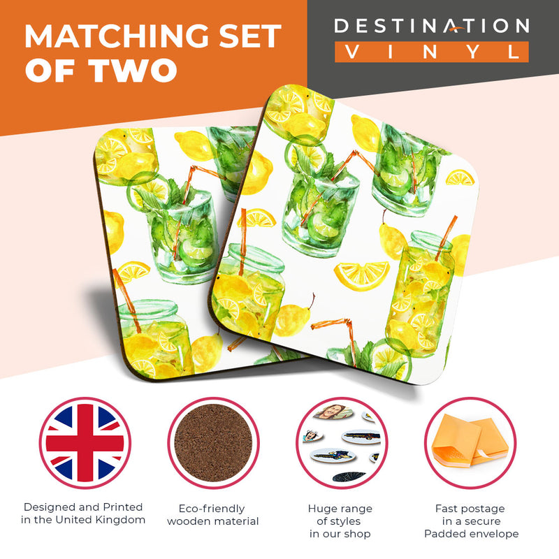 Great Coasters (Set of 2) Square / Glossy Quality Coasters / Tabletop Protection for Any Table Type - Lemon & Lime Drink Lemonade