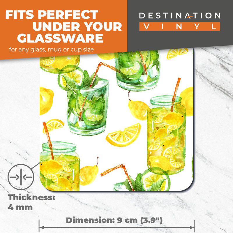 Great Coasters (Set of 2) Square / Glossy Quality Coasters / Tabletop Protection for Any Table Type - Lemon & Lime Drink Lemonade