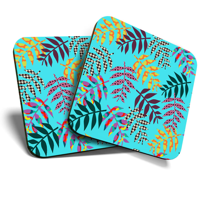 Great Coasters (Set of 2) Square / Glossy Quality Coasters / Tabletop Protection for Any Table Type - Colourful Palm Tree Leaves Leaf