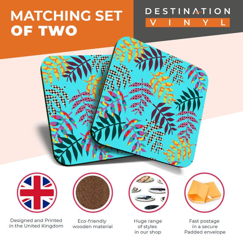 Great Coasters (Set of 2) Square / Glossy Quality Coasters / Tabletop Protection for Any Table Type - Colourful Palm Tree Leaves Leaf