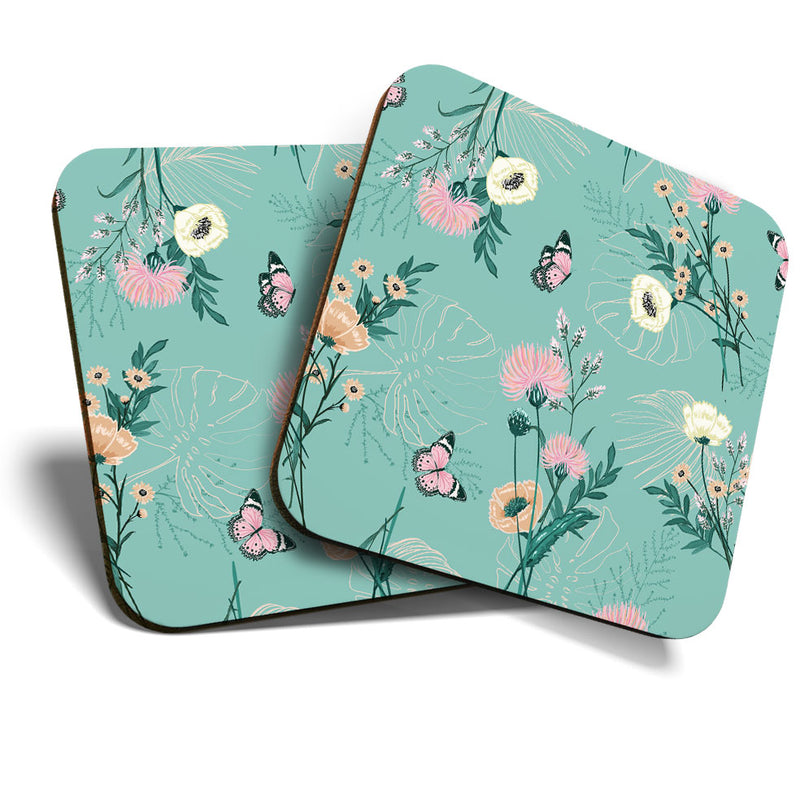 Great Coasters (Set of 2) Square / Glossy Quality Coasters / Tabletop Protection for Any Table Type - Botanical Plants Butterfly