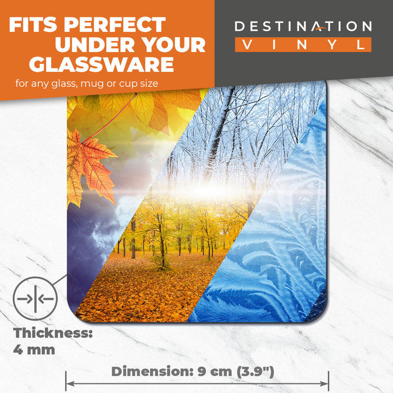 Great Coasters (Set of 2) Square / Glossy Quality Coasters / Tabletop Protection for Any Table Type - Seasons Winter Summer Autumn