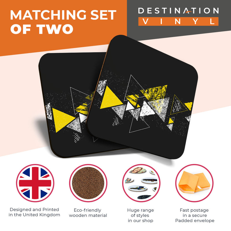 Great Coasters (Set of 2) Square / Glossy Quality Coasters / Tabletop Protection for Any Table Type - Retro Yellow Triangle Pattern Print