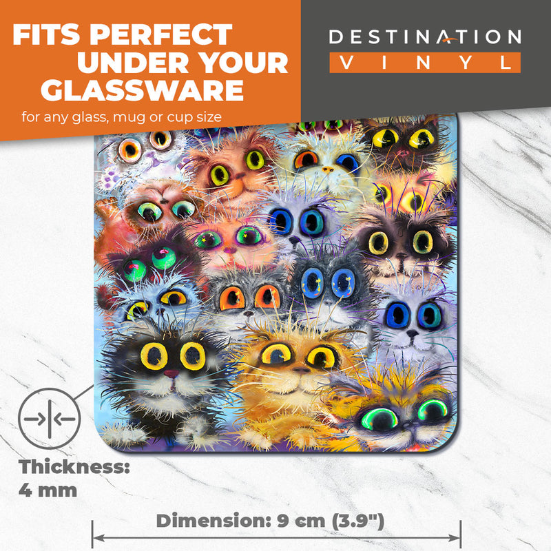 Great Coasters (Set of 2) Square / Glossy Quality Coasters / Tabletop Protection for Any Table Type - Funny Cats Kittens Illustrations