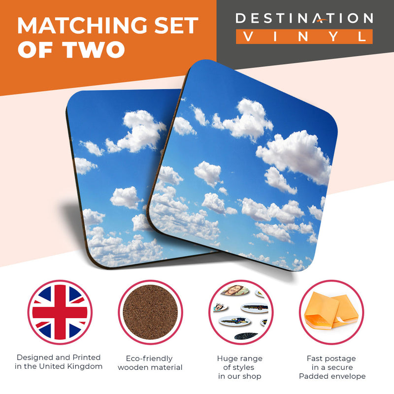 Great Coasters (Set of 2) Square / Glossy Quality Coasters / Tabletop Protection for Any Table Type - Blue Sky White Fluffy Clouds