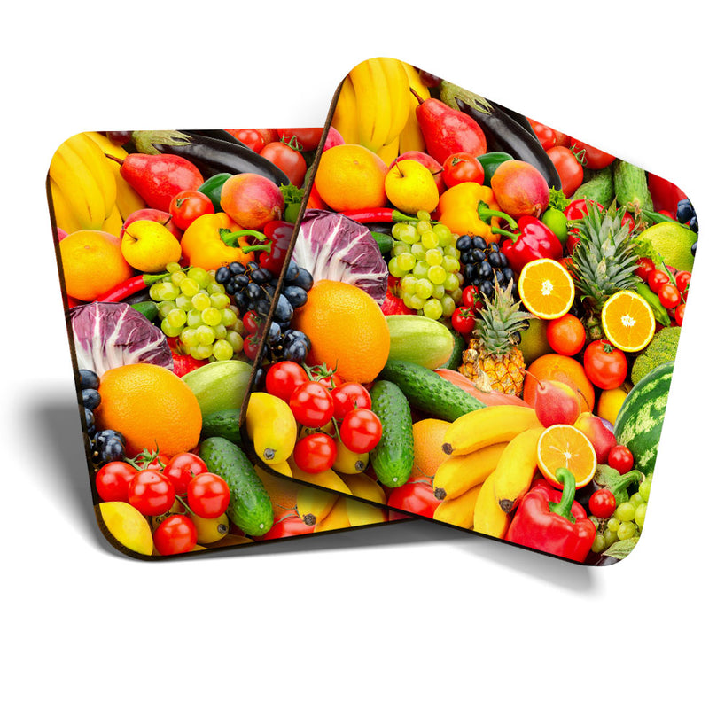 Great Coasters (Set of 2) Square / Glossy Quality Coasters / Tabletop Protection for Any Table Type - Healthy Fruit Vegetable Food