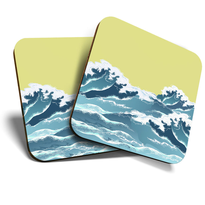 Great Coasters (Set of 2) Square / Glossy Quality Coasters / Tabletop Protection for Any Table Type - Oriental Ocean Wave Art Sea