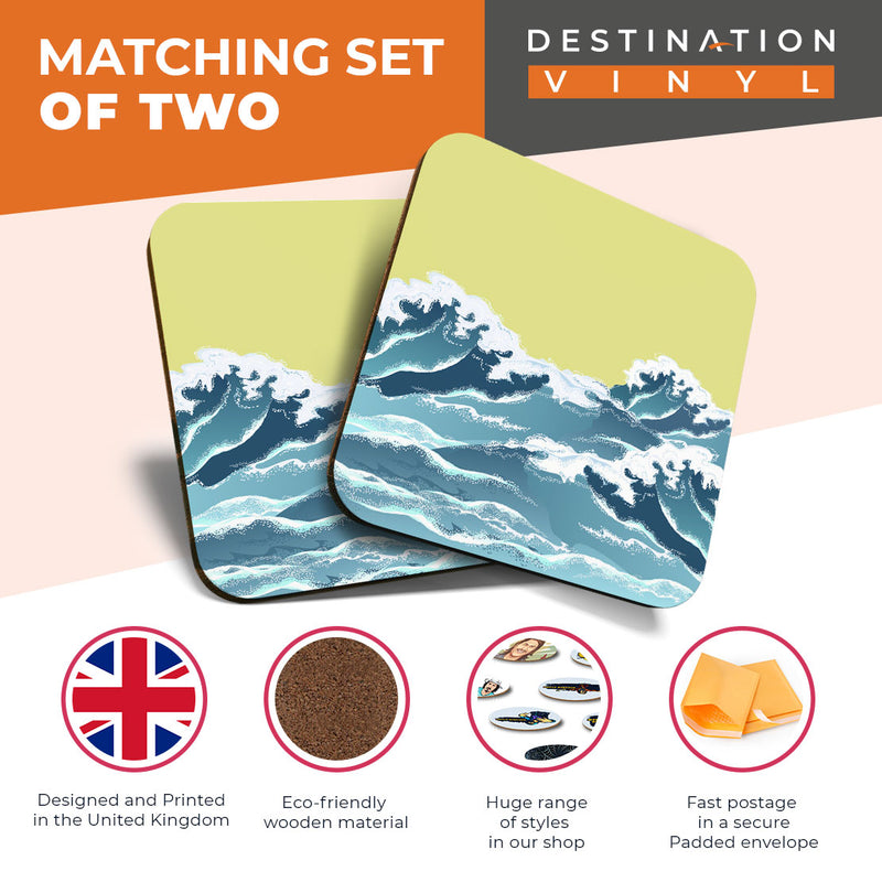 Great Coasters (Set of 2) Square / Glossy Quality Coasters / Tabletop Protection for Any Table Type - Oriental Ocean Wave Art Sea