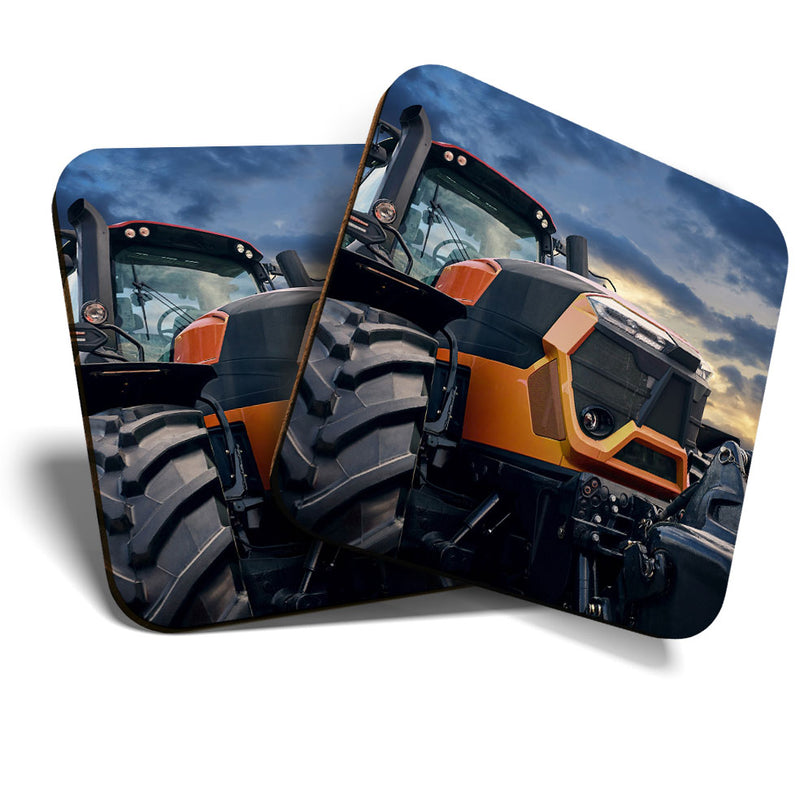 Great Coasters (Set of 2) Square / Glossy Quality Coasters / Tabletop Protection for Any Table Type - Orange Farmer Tractor Vehicle Farm