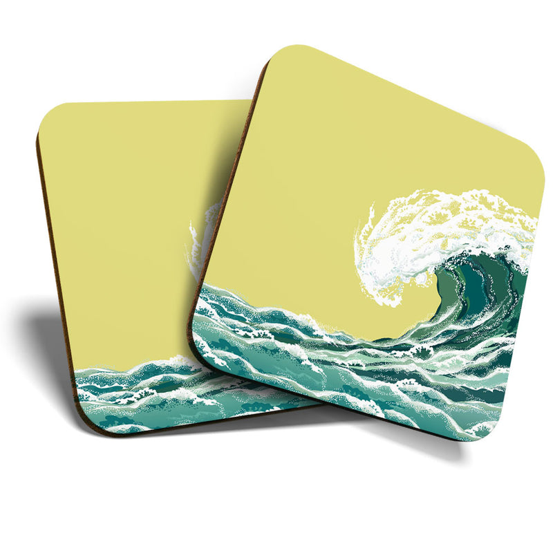 Great Coasters (Set of 2) Square / Glossy Quality Coasters / Tabletop Protection for Any Table Type - Oriental Ocean Great Wave