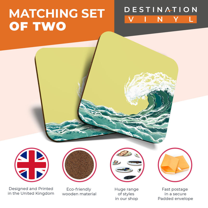 Great Coasters (Set of 2) Square / Glossy Quality Coasters / Tabletop Protection for Any Table Type - Oriental Ocean Great Wave