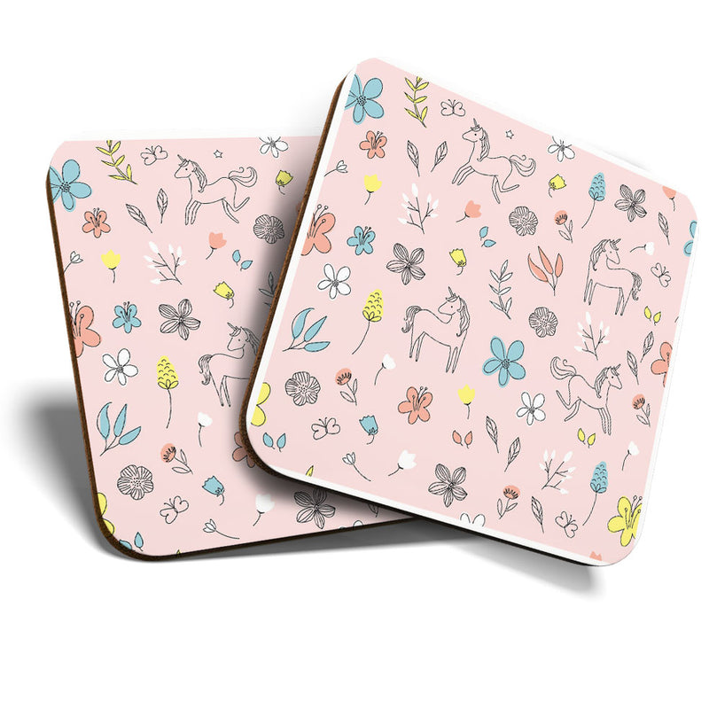 Great Coasters (Set of 2) Square / Glossy Quality Coasters / Tabletop Protection for Any Table Type - Pink Vintage Horse Flower Pattern