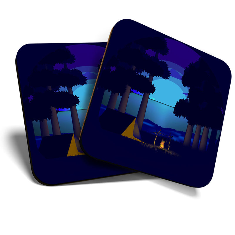Great Coasters (Set of 2) Square / Glossy Quality Coasters / Tabletop Protection for Any Table Type - Camping Forest Tent Camp Fire