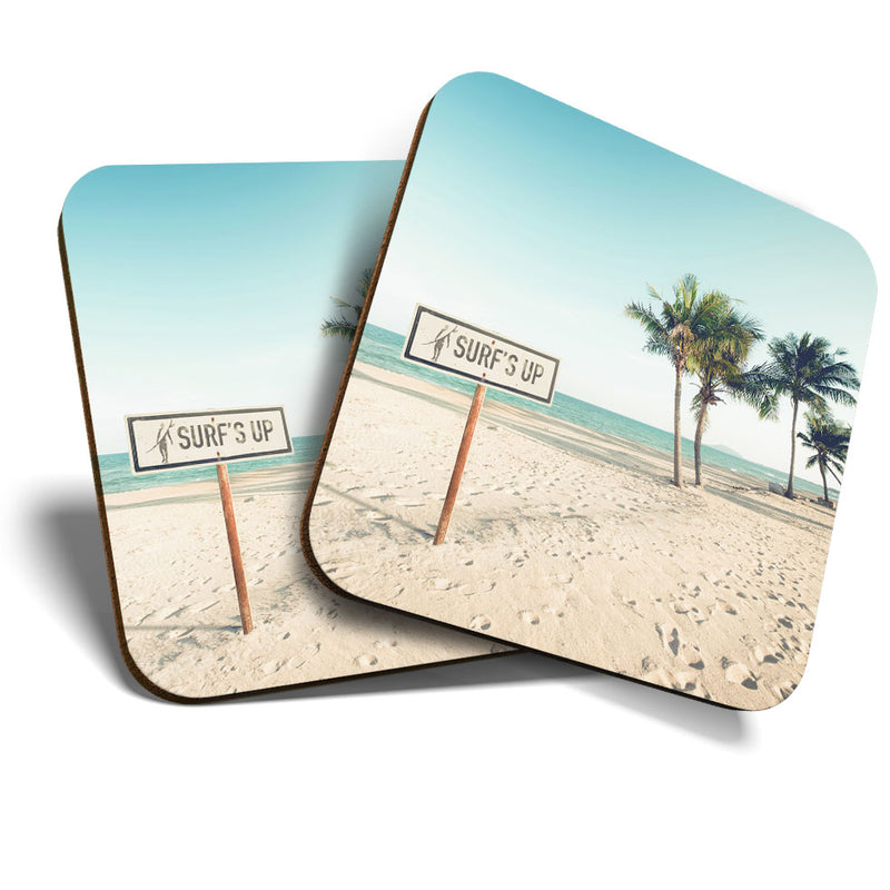 Great Coasters (Set of 2) Square / Glossy Quality Coasters / Tabletop Protection for Any Table Type - Surfs Up Surfing Beach Cool