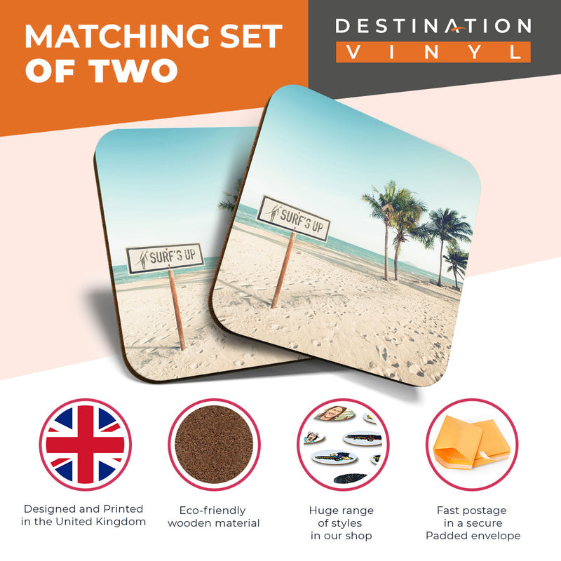 Great Coasters (Set of 2) Square / Glossy Quality Coasters / Tabletop Protection for Any Table Type - Surfs Up Surfing Beach Cool