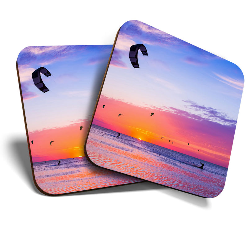 Great Coasters (Set of 2) Square / Glossy Quality Coasters / Tabletop Protection for Any Table Type - Kite Surfing Sunset Beach