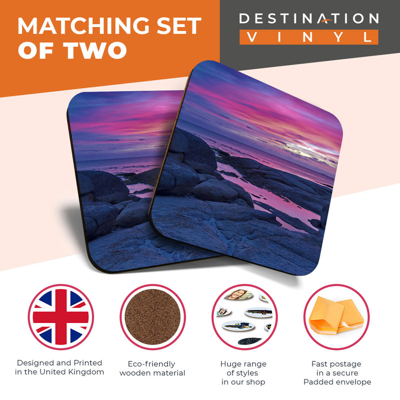 Great Coasters (Set of 2) Square / Glossy Quality Coasters / Tabletop Protection for Any Table Type - Bay of Fires Tasmania Sunset
