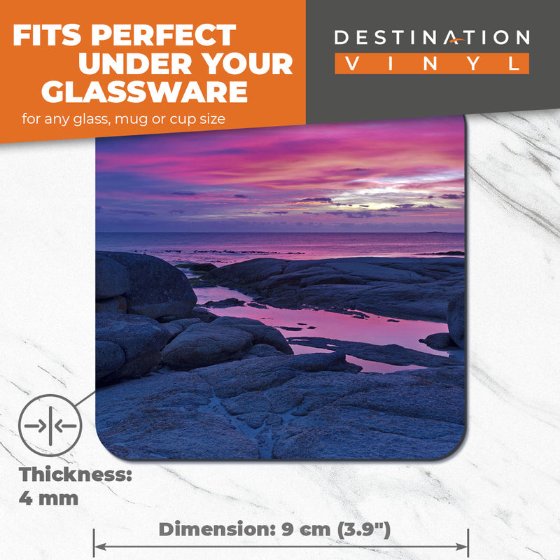 Great Coasters (Set of 2) Square / Glossy Quality Coasters / Tabletop Protection for Any Table Type - Bay of Fires Tasmania Sunset
