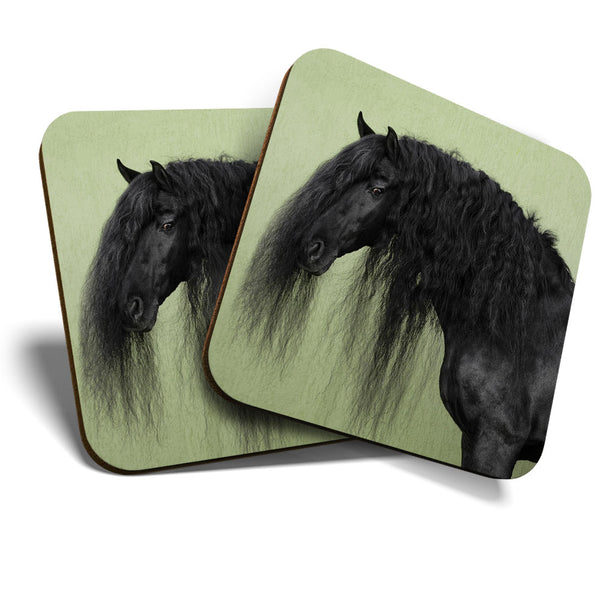 Great Coasters (Set of 2) Square / Glossy Quality Coasters / Tabletop Protection for Any Table Type - Black Friesian Horse Pony Horses  #3289