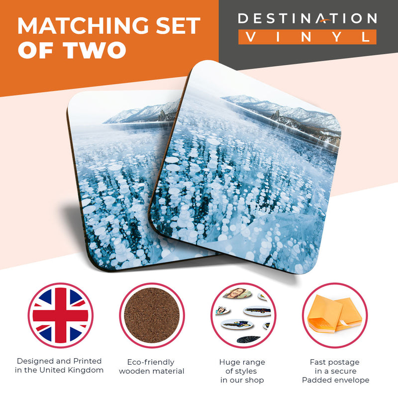 Great Coasters (Set of 2) Square / Glossy Quality Coasters / Tabletop Protection for Any Table Type - Cool Frozen Lake Methane Gas