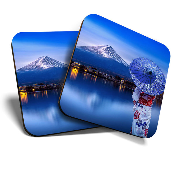 Great Coasters (Set of 2) Square / Glossy Quality Coasters / Tabletop Protection for Any Table Type - Japanese Girl Japan Mount Fuji  #3291