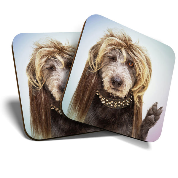 Great Coasters (Set of 2) Square / Glossy Quality Coasters / Tabletop Protection for Any Table Type - Funny Dog Punk Rocker Hand  #3293