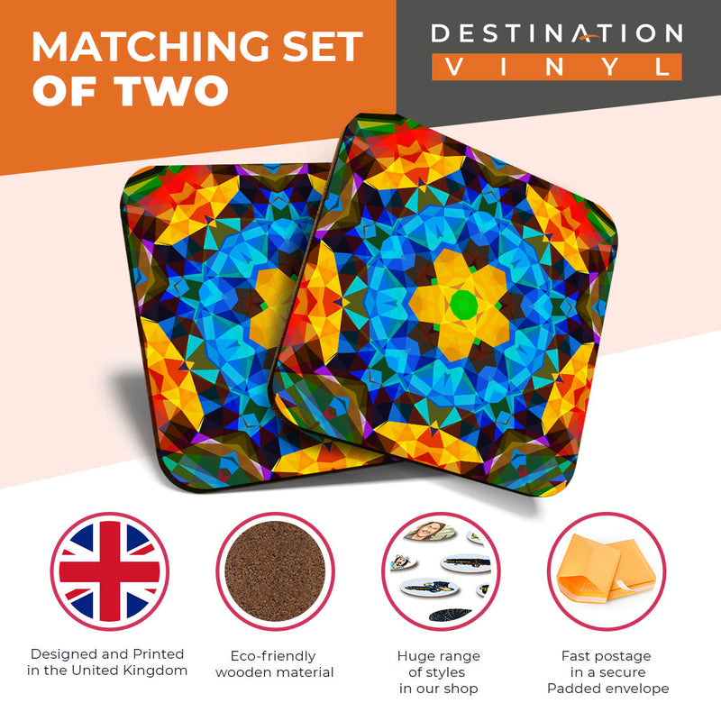 Great Coasters (Set of 2) Square / Glossy Quality Coasters / Tabletop Protection for Any Table Type - Fun Geometric Mosaic Pattern