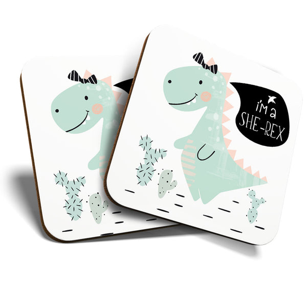 Great Coasters (Set of 2) Square / Glossy Quality Coasters / Tabletop Protection for Any Table Type - She-Rex Trek Girls Dinosaur  #3299